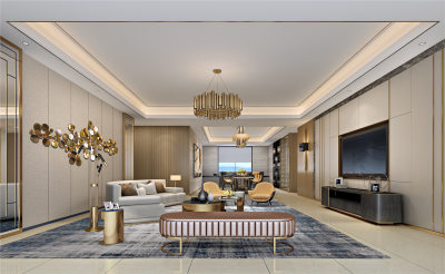 简欧轻奢客餐厅 电视柜 雕塑摆件 墙饰吊灯 沙发茶几 餐桌椅